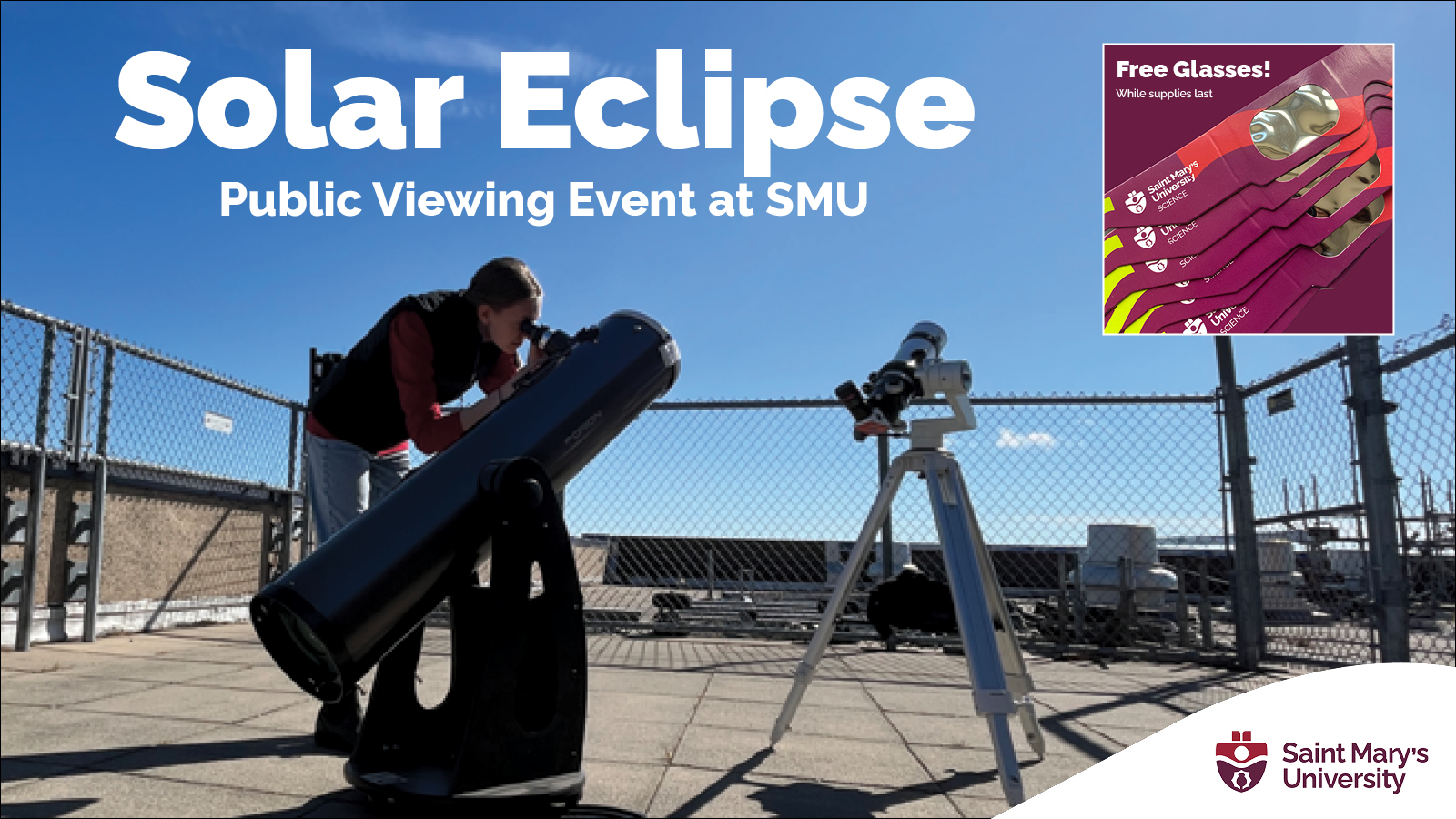 Photo flyer with text Solar Eclipse Public Viewing Event at SMU (with Free Glasses while supplies lsat)