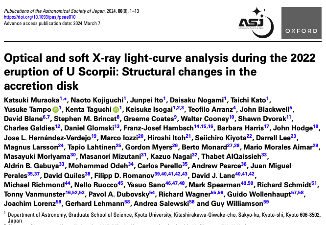 Screenshot of title and author list of a paper with the title "Optical and soft X-ray light-curve analysis during the 2022 eruption of U Scorpii: Structural changes in the accretion disk"
