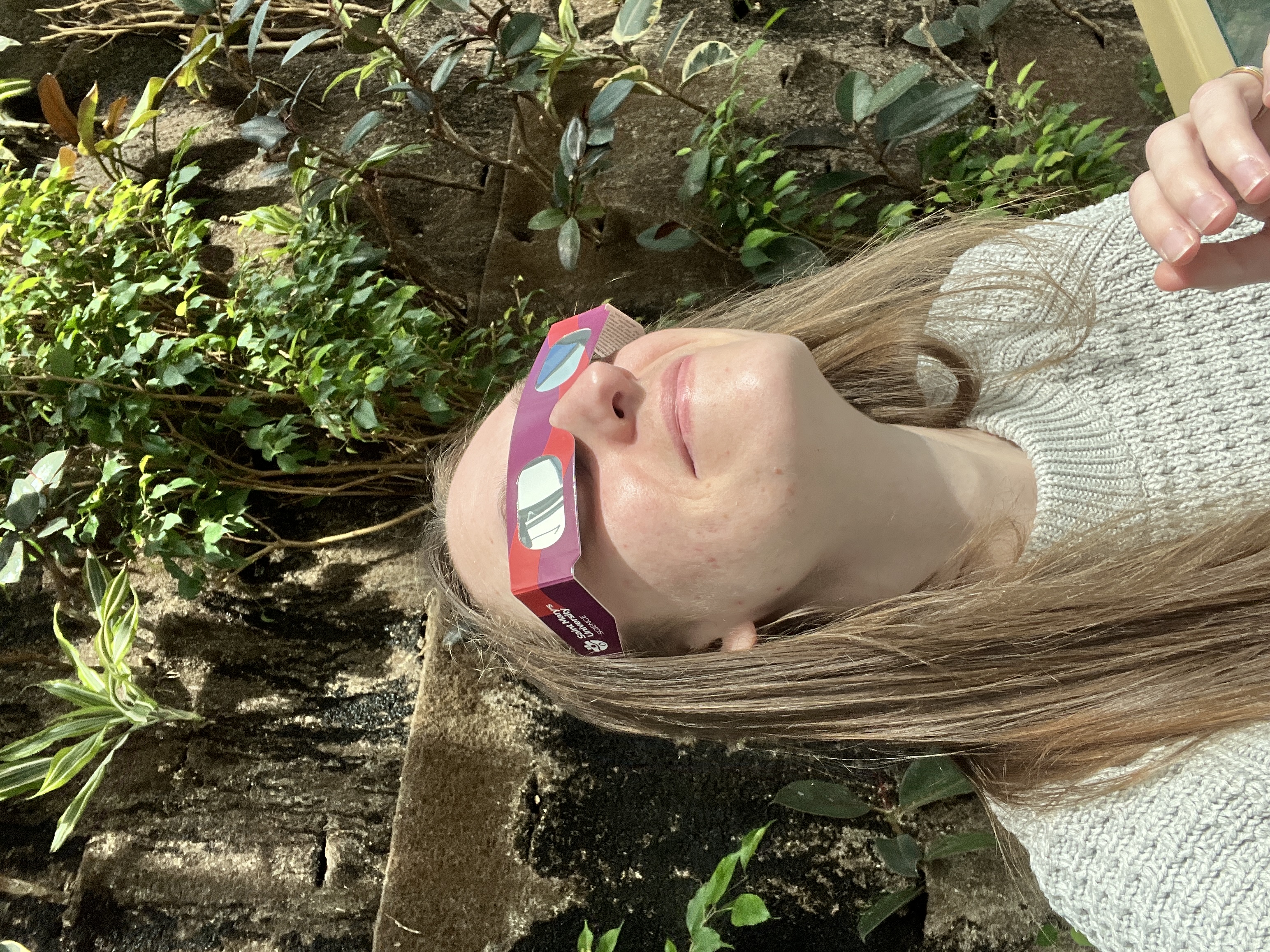 Image of woman wearing maroon coloured eclipse glasses in front of a wall of leaves, looking towards the sky.